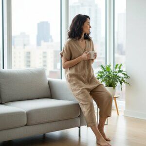 Made  In Italy Womens Medium Linen Vneck Button Tan Romper